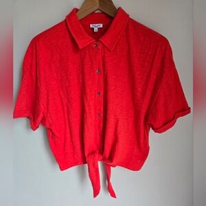 SPLENDID Red Button-Up Tie-Front Cotton Jersey Top